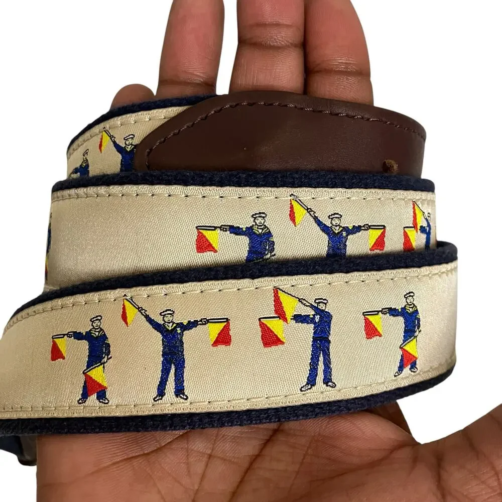 The Belted Cow Co Made in Main Brass Belt Buckle Sailor Flag Print Belt